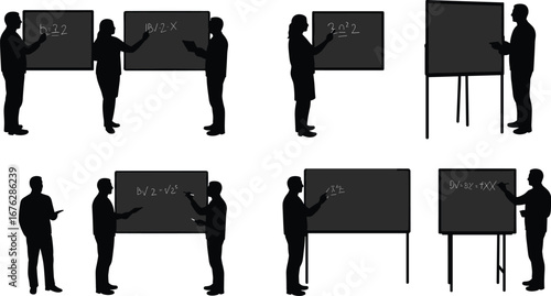 Math silhouettes, teaching, learning, classroom, lecture, training, pointing, writing, blackboard, equations, inequalities, STEM, education, vector, black, white, academic setting