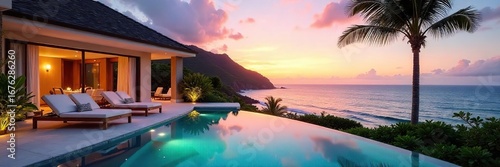Luxury villa with private pool and breathtaking ocean views, perfect for a relaxing getaway  Enjoy the stunning sunset from your terrace ,  comfortable,  tropical