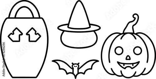 Halloween Icons Outline Pumpkin Witch Hat Bat and Jar jack o lantern