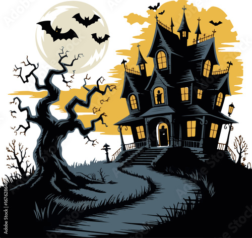 Spooky haunted mansion with full moon and bats halloween