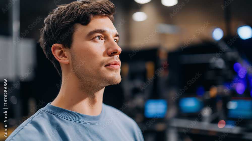 Fototapeta premium Set designer building virtual film environments using cinematic visualization software with lighting rigs and camera angle planning tools displayed for movie production workflow