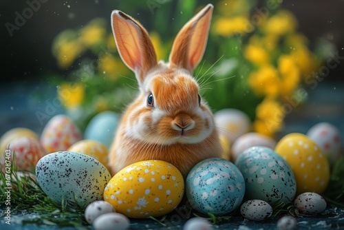 Colorful Easter Bunny Surrounded by Decorated Eggs in a Spring Garden Setting
