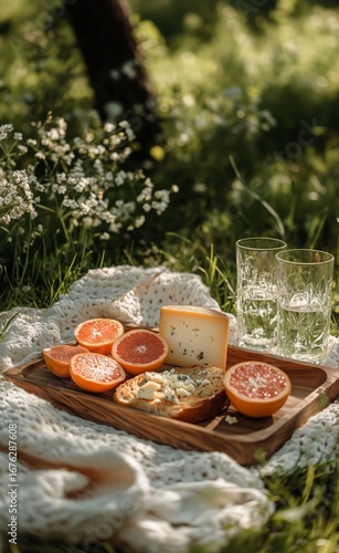 Cheese and Fruit Picnic Spread on Sunny Day in a Grassy Park Setting.