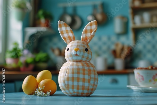 Cute Checked Bunny Decoration With Lemons in a Bright Kitchen Setting During ...