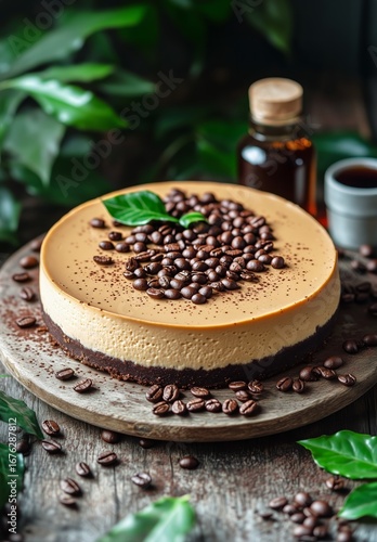 Delicious Coffee Cake Topped With Chocolate and Coffee Beans on a Wooden Surf...