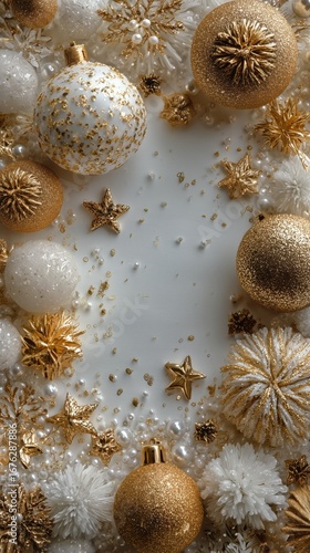 Holiday Decorations Featuring Gold and White Ornaments Arranged for a Festive...