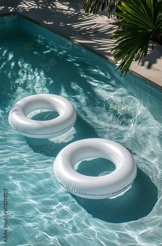Relaxing Summer Afternoon With Floating Rings in a Tranquil Swimming Pool.