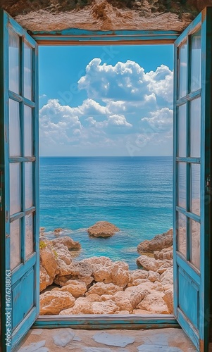 Open Door Reveals Serene Sea View With Rocks and Fluffy Clouds in Bright Blue...