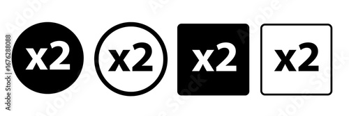 X2 multiply symbol icons set, double twice, two times multiply symbol set