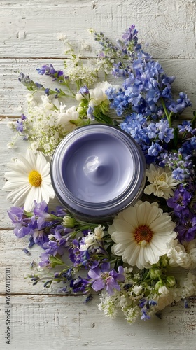 Floral Arrangement With Lavender Cream Jar on Wooden Surface