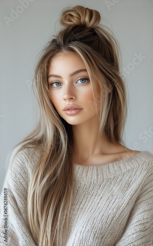 Fashionable Young Woman Poses in Trendy Outfit Against Colorful Urban Backdrop.