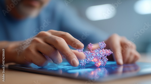 Pharmaceutical research analyst tracking clinical trial data through interactive molecular visualization with drug efficacy results and safety profiles displayed in three