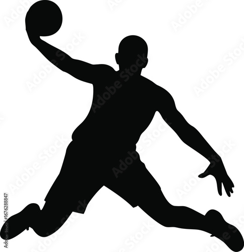 Dynamic silhouette of a basketball player in mid-air making a slam dunk shot silhouette