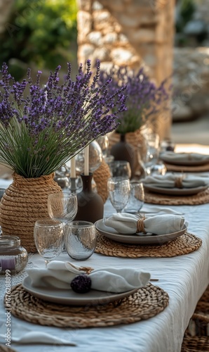Elegant Outdoor Dining Setup With Lavender Centerpieces in a Serene Garden