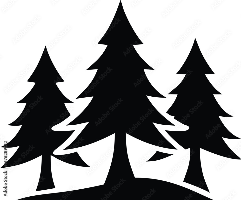 Obraz premium Flat Isometric Vector of Coniferous Forest Silhouettes – Minimalist Black and White Pine, Evergreen and Christmas Tree Illustration