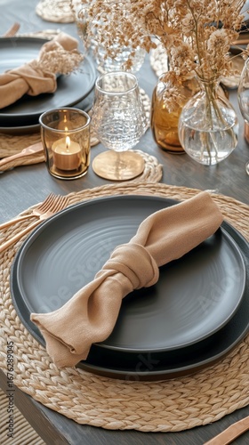 Elegant Dinner Table Setting With Neutral Tones and Minimalist Decor for an I...