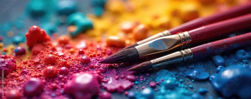 Obraz premium Close-up of paintbrushes intertwined amidst a vibrant, colorful palette, symbolizing the passionate fusion of artistic expression and love , love, handmade, masterpiece