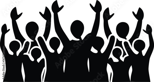 Flat Isometric Vector of Crowd Silhouettes – Black and White Audience with Raised Hands, Applause and Celebration Scene