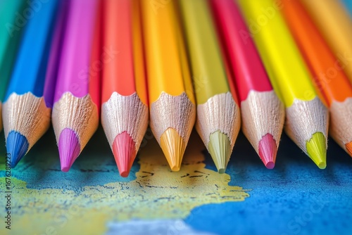 Colorful Pencils Arranged on a Vibrant Surface During Daylight Hours in a Cre...