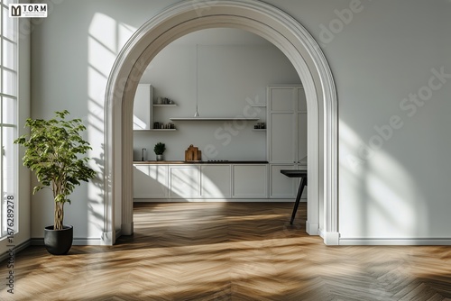 Stylish Kitchen Interior With Arch Design and Wooden Flooring in Modern Home.