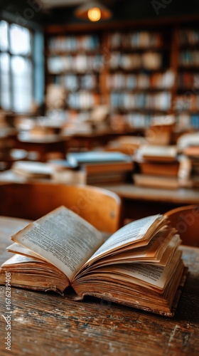 Open Book on Table in Cozy Library Filled With Shelves of Books During Quiet ...