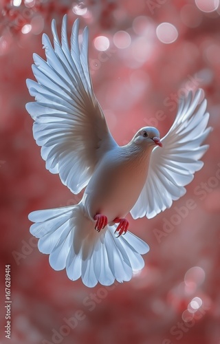 Majestic White Dove Soaring Against a Backdrop of Pink Blossoms in a Serene G...