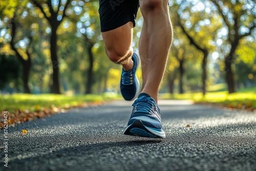 Runner in Blue Shoes Navigating a Sunny Park Trail During Autumn Afternoon