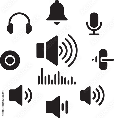 Audio icons collection with sound waves and volume controls speaker headphones
