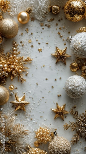 Holiday Decorations Featuring Gold and White Ornaments Arranged for a Festive...