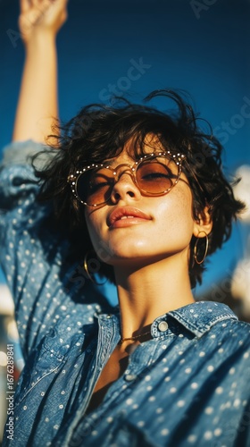 Stylish Woman Enjoying Sunshine Outdoors in Trendy Sunglasses.