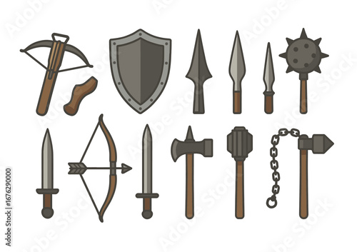 Medieval weapon icon set. swords, spears, shields in flat style collection