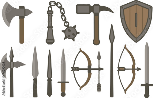 Medieval weaponry icon set. ancient, knight, arms in flat style collection