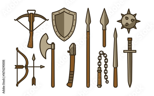 Medieval weapons icon set. antique armaments flat collection for history enthusiasts