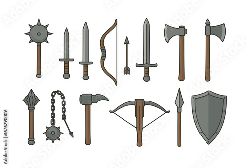Medieval weapons solid icon set. swords, axes, shields, bows collection in solid style