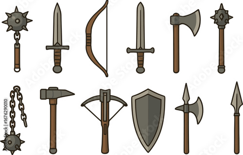Medieval weapons flat icon set. sword, axe, shield, bow, crossbow collection.