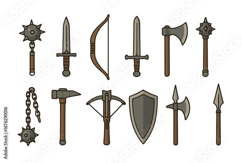 Medieval weapon flat icon set. swords, axes, shields, and more in flat style.