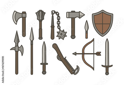 Medieval weapons icon set: swords, axes and shields flat style