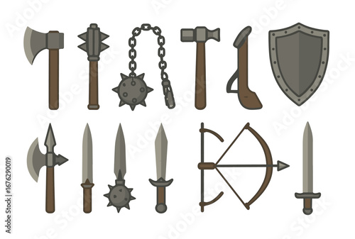 Medieval weapon and armor flat icon set. collection of swords, shields, axes, hammers
