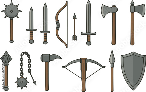 Medieval weapon icon set. classic, historical icons in a flat illustrative style