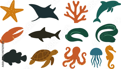 Sea life icon set: marine animals silhouette collection for ocean themes