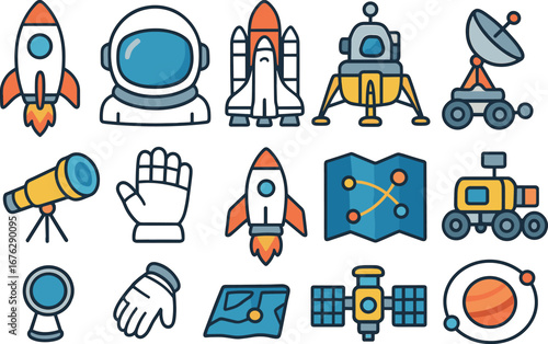 Space exploration icon set. rockets, astronauts, and satellites in linear style