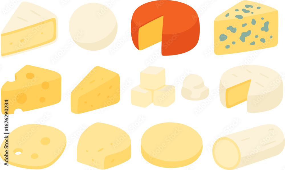 Fototapeta premium Cheese flat icon set. assorted cheese varieties in flat style illustrations
