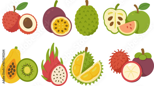 Exotic fruits flat icon set. tropical, fresh fruit icons collection flat style