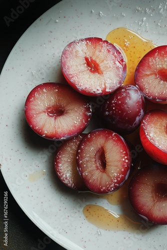 Freshly Sliced Plums Drizzled With Sweet Syrup on a White Plate