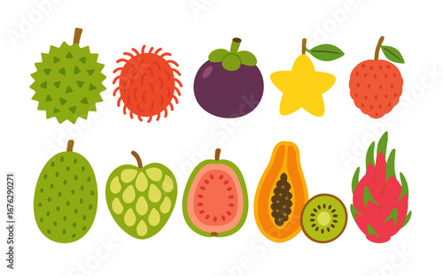 Exotic fruits flat icon set. lychee, durian, and dragon fruit in flat design