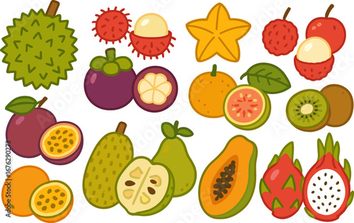 Tropical fruits flat icon set. exotic, juicy icons collection for fresh designs