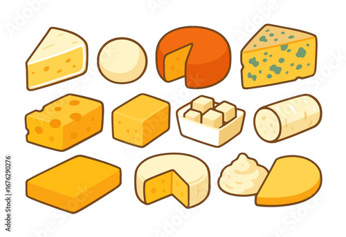 Cheese flat icon set: gouda, brie, cheddar, collection of flavorful dairy icons