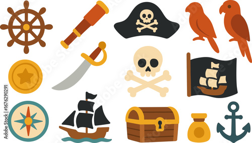 Pirate adventure flat icon set. treasure, map, skull, ship, parrot, anchor icons