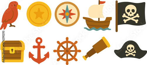Nautical, pirate icon set. adventure, sea exploration icons flat collection