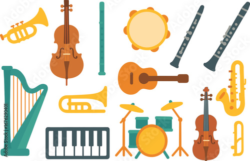 Music instruments flat icon set. drums, guitar, trumpet, and more flat icons collection